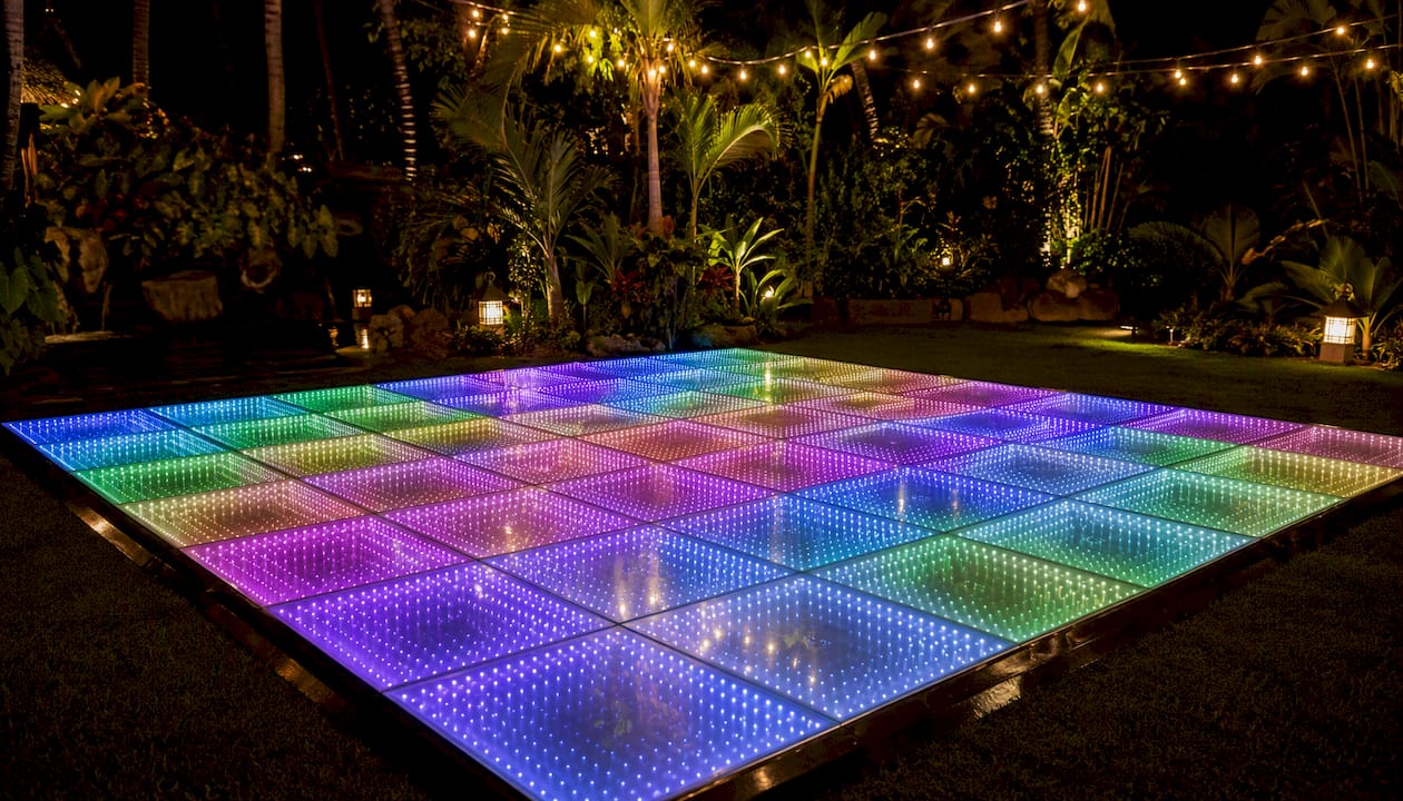 Brightly lit LED dance floor panels in event venue