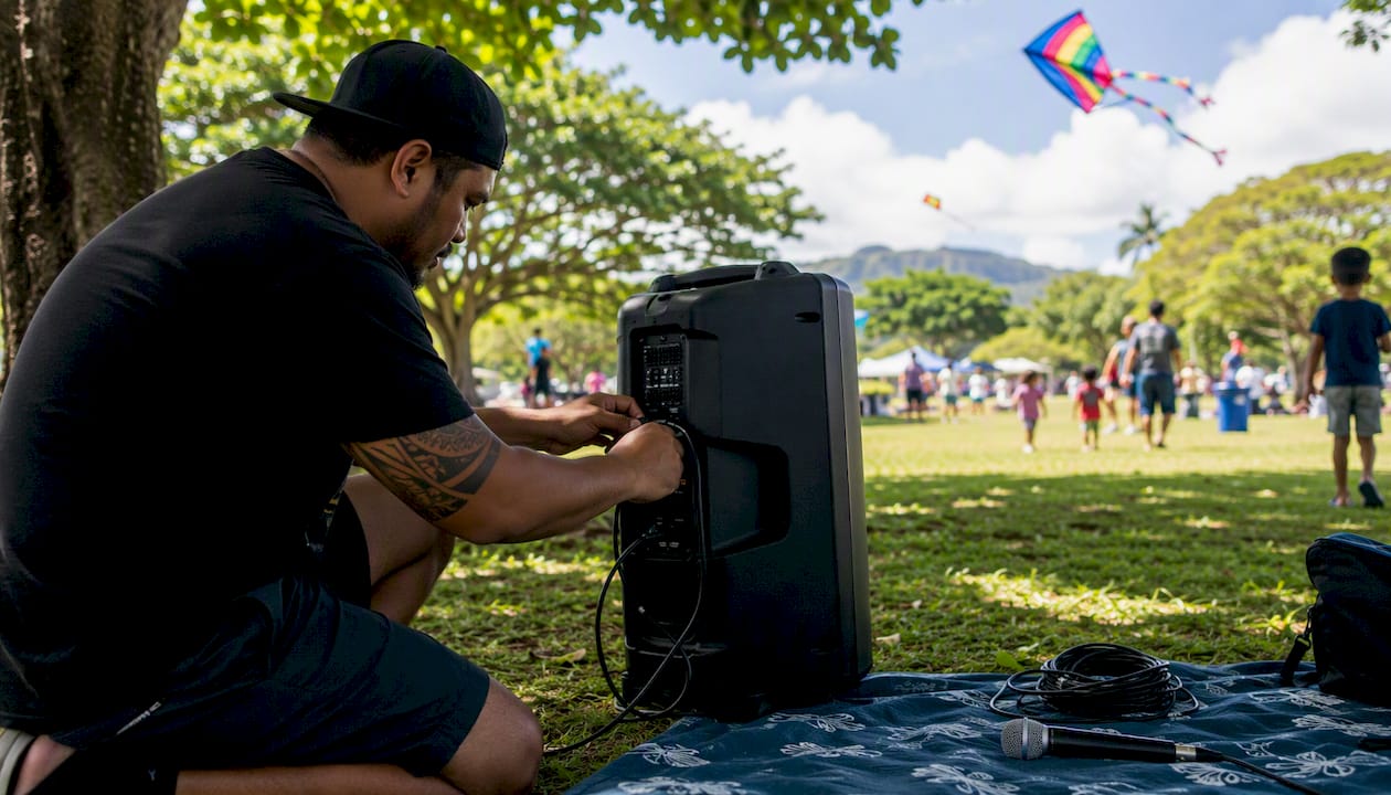 Technician adjusting PA speaker outdoors on Oahu