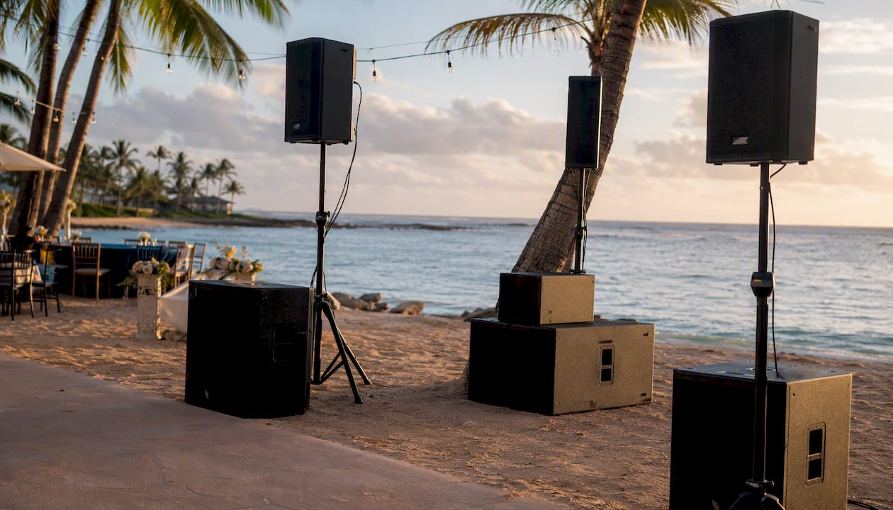Close-up of assorted PA speakers and subs outdoors