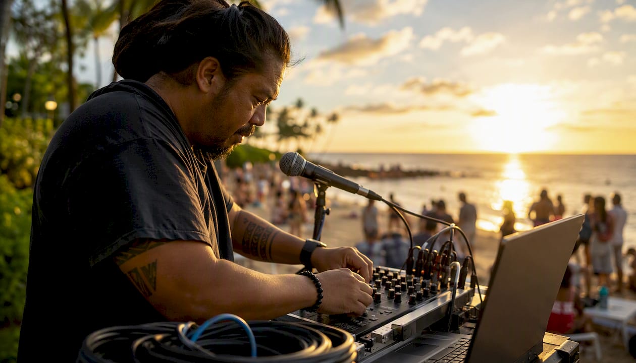 DJ adjusting mic and mixing console