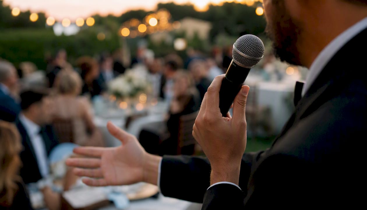 Emcee holding microphone during announcement