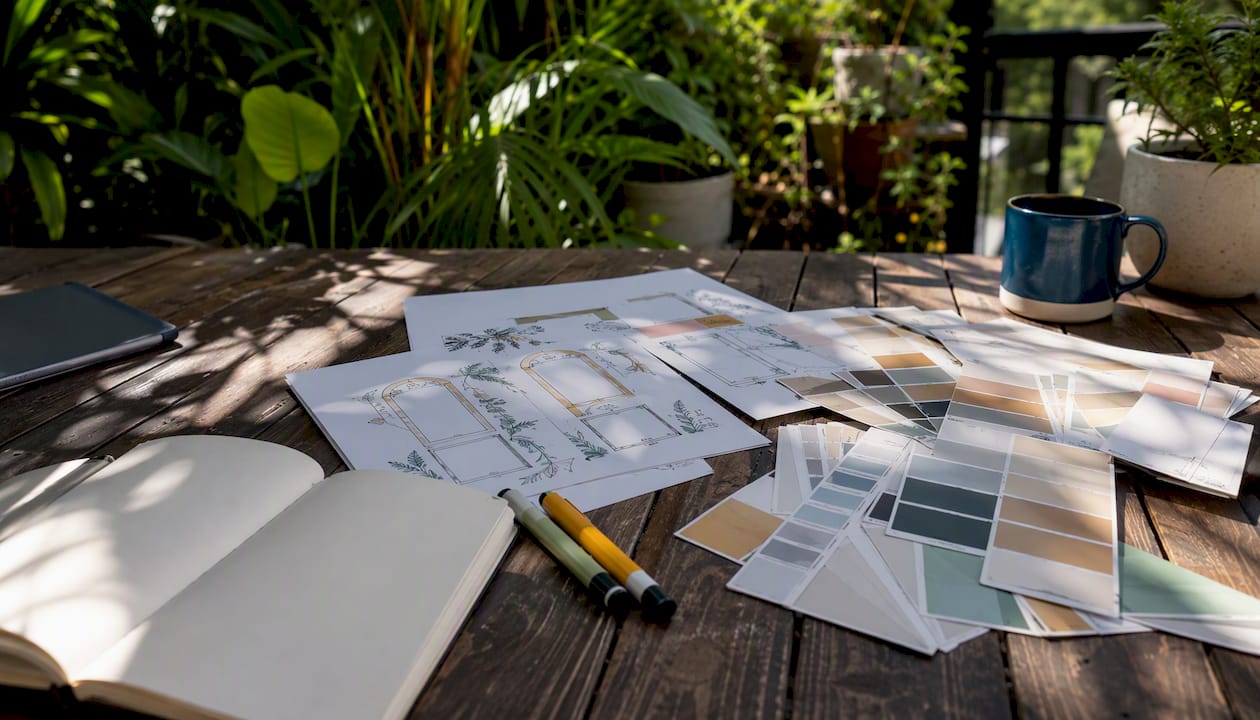 Photo booth layout sketches with color swatches