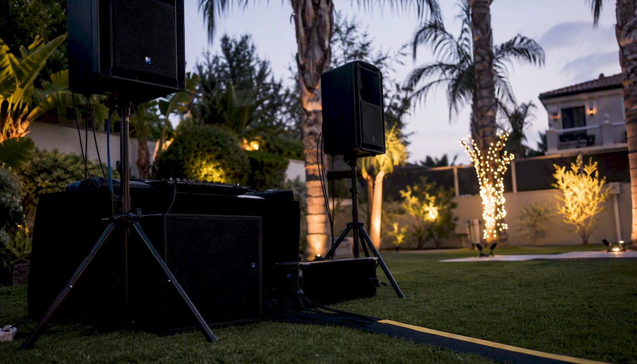 Professional DJ sound system setup outdoors