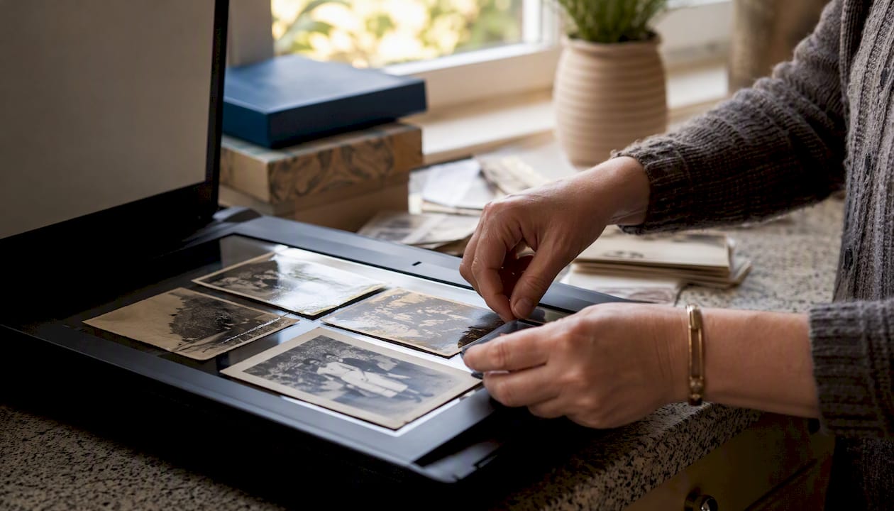 Hands placing old photos on a scanner bed