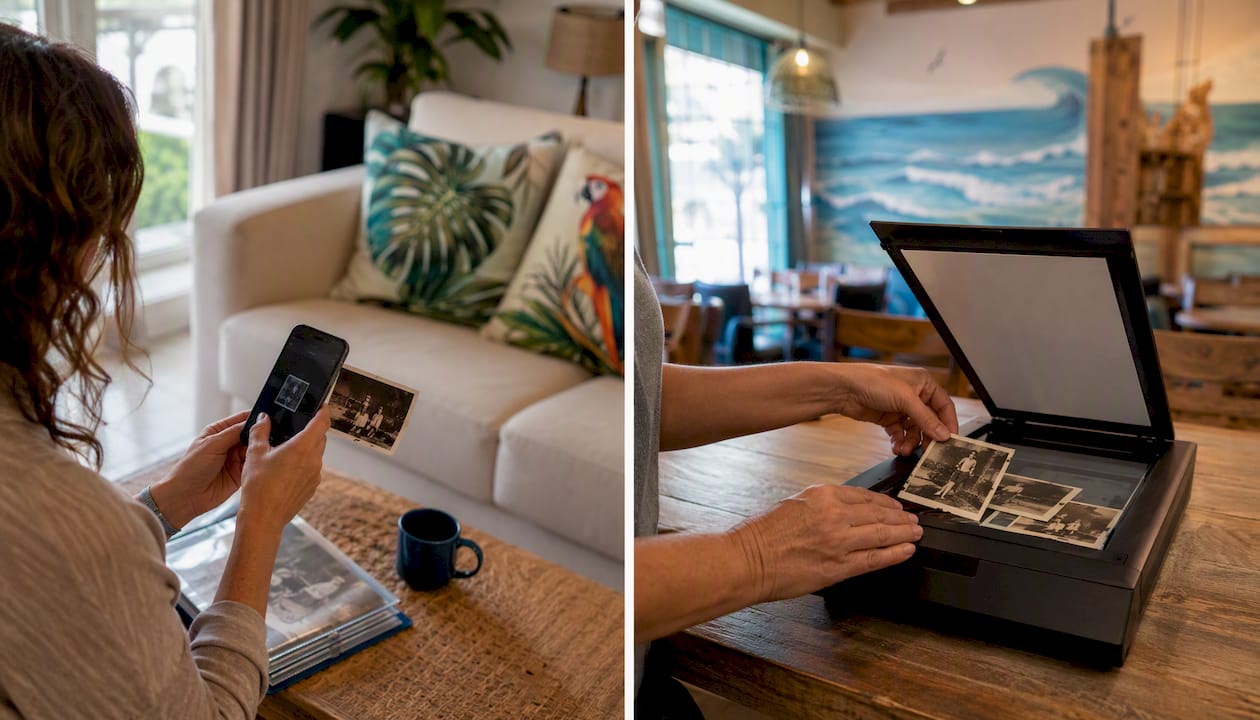 Phone scanning photo and flatbed scanner side by side