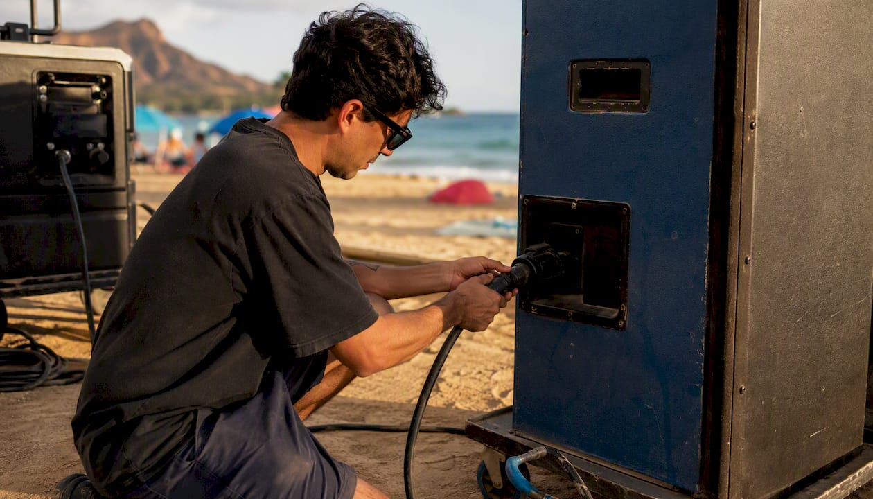 DJ connecting power cable to generator