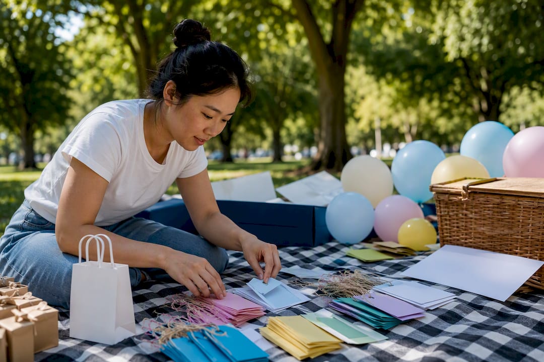 Arranging party favors and name tags on table