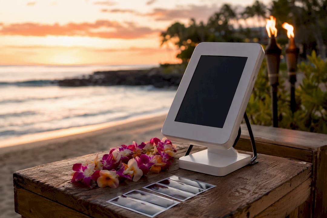 Photo booth sharing station with prints and flowers