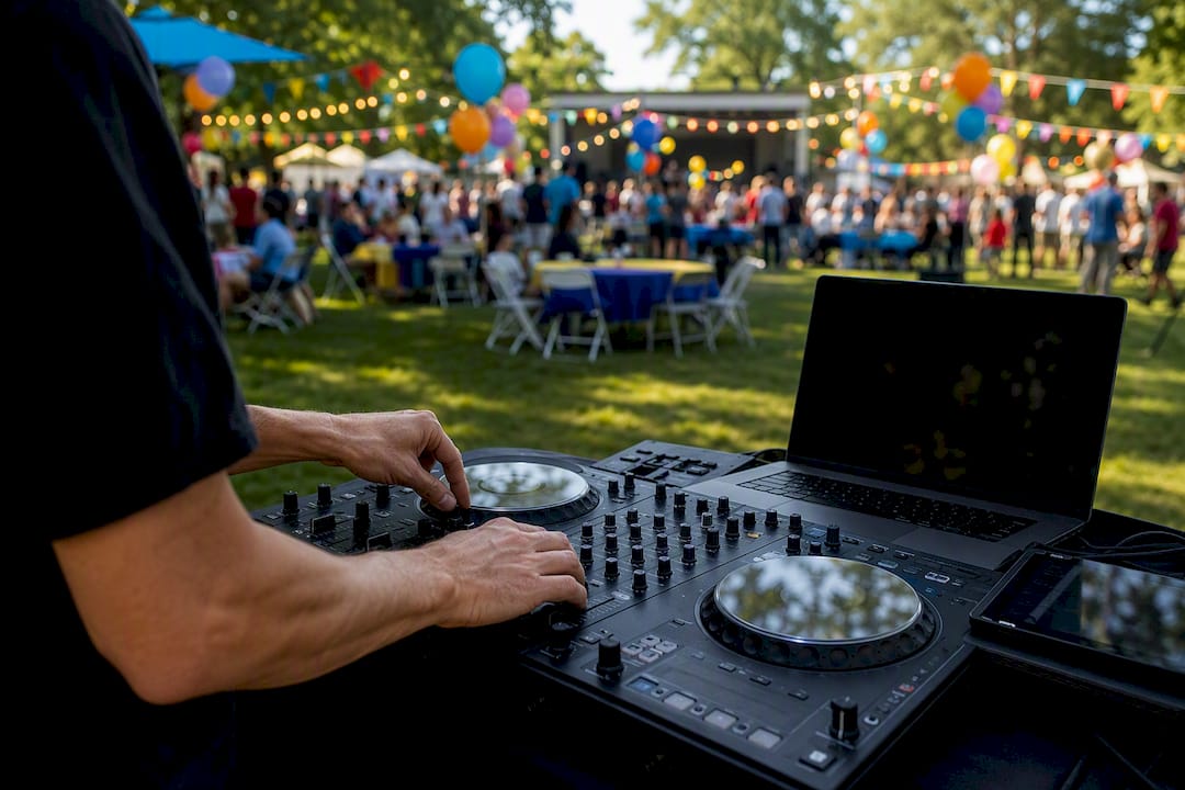 DJ hands preparing playlist at school gym