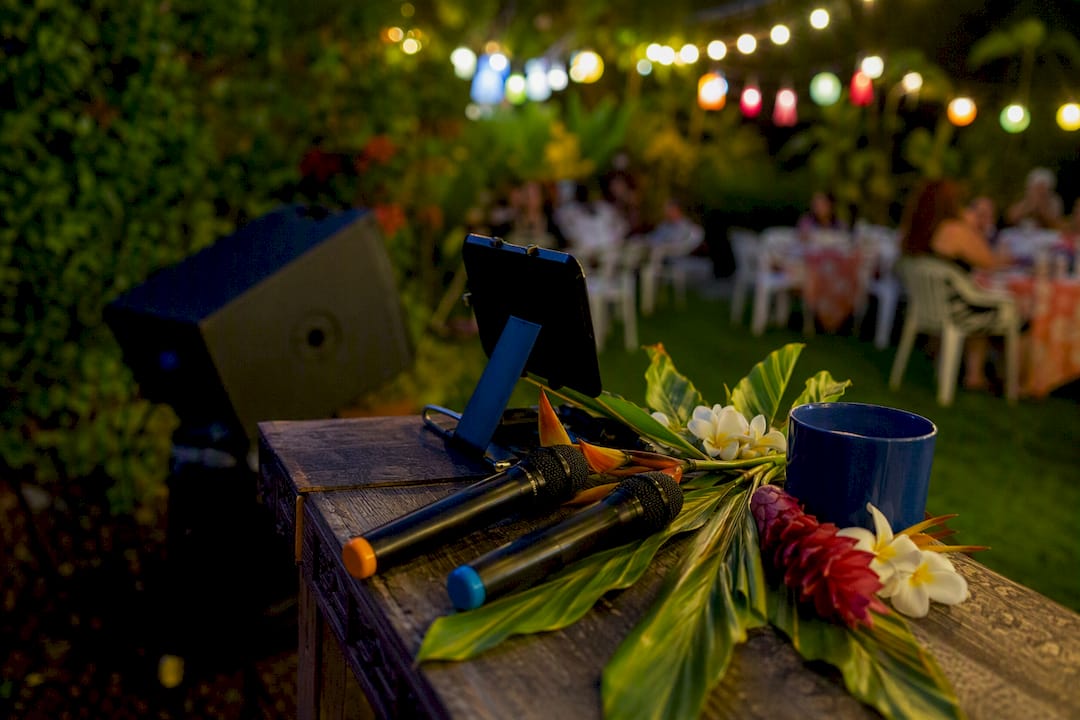 Wireless microphones on DJ table at outdoor party