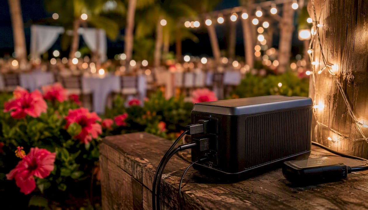 Portable battery pack powering photo booth outdoors