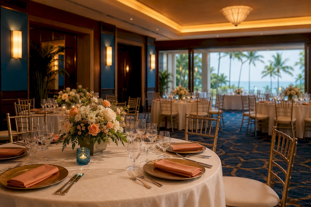Elegant Oahu hotel ballroom wedding setting