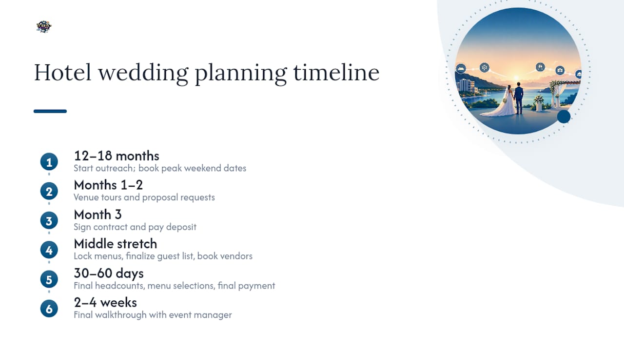 Hotel wedding planning timeline from booking to walkthrough