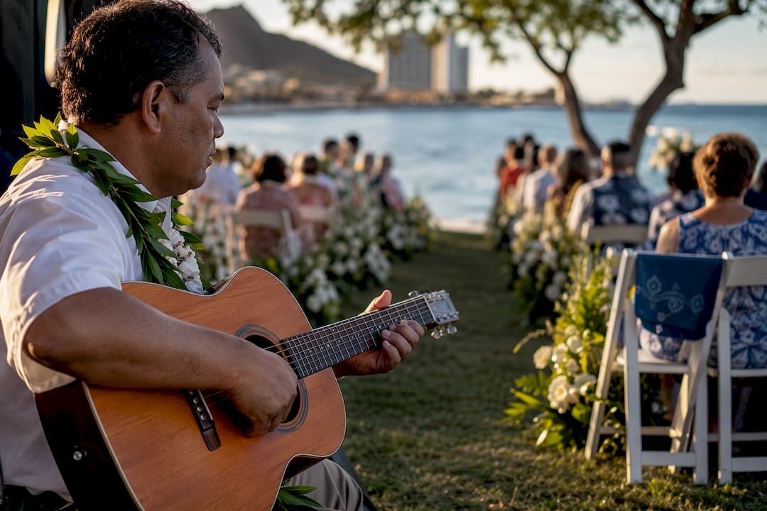 Guitarist playing at an oceanfront Hawaiian wedding