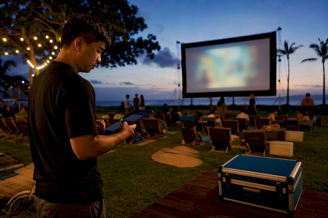 Outdoor movie screening prepared at dusk