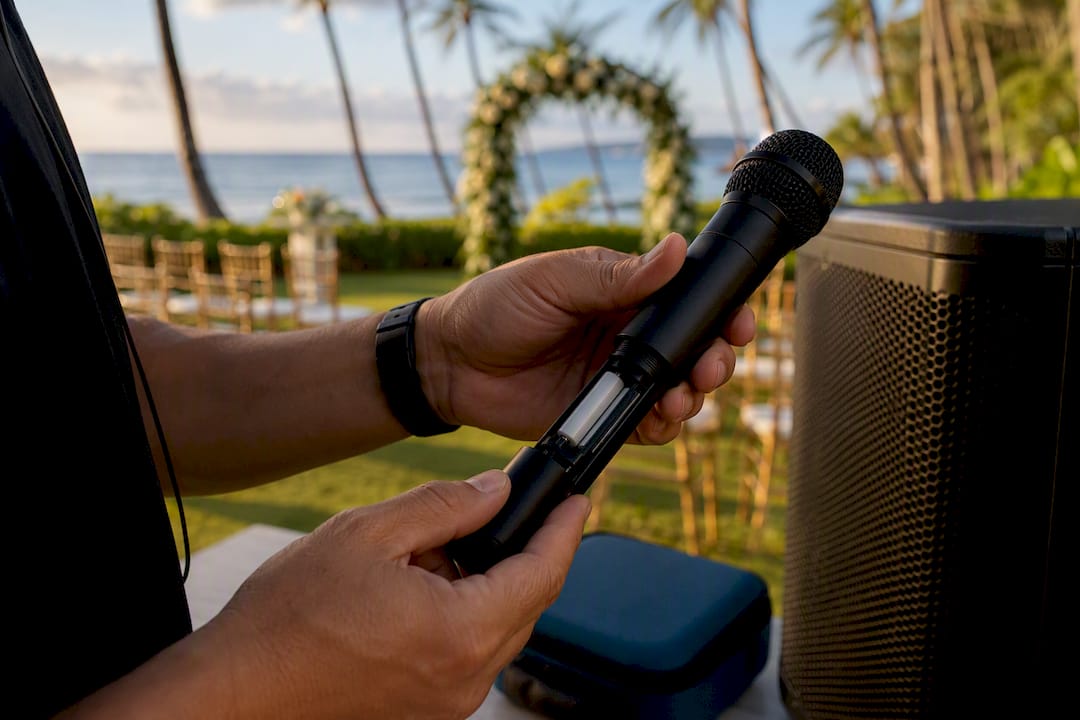 Micro wedding audio gear checked outdoors