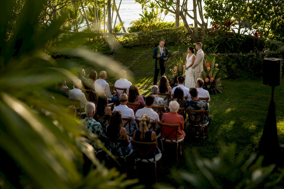 Oahu garden wedding ceremony with outdoor sound