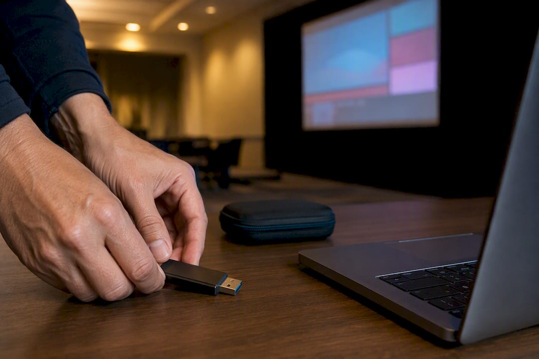USB drive and slideshow playing at event