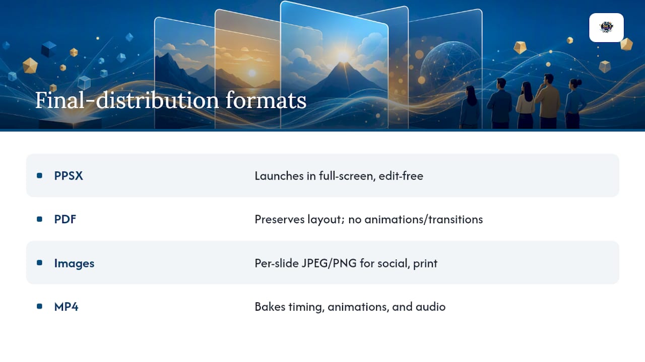 Share and Final-Distribution Formats: PPSX, PDF, Images, or MP4 — overview diagram