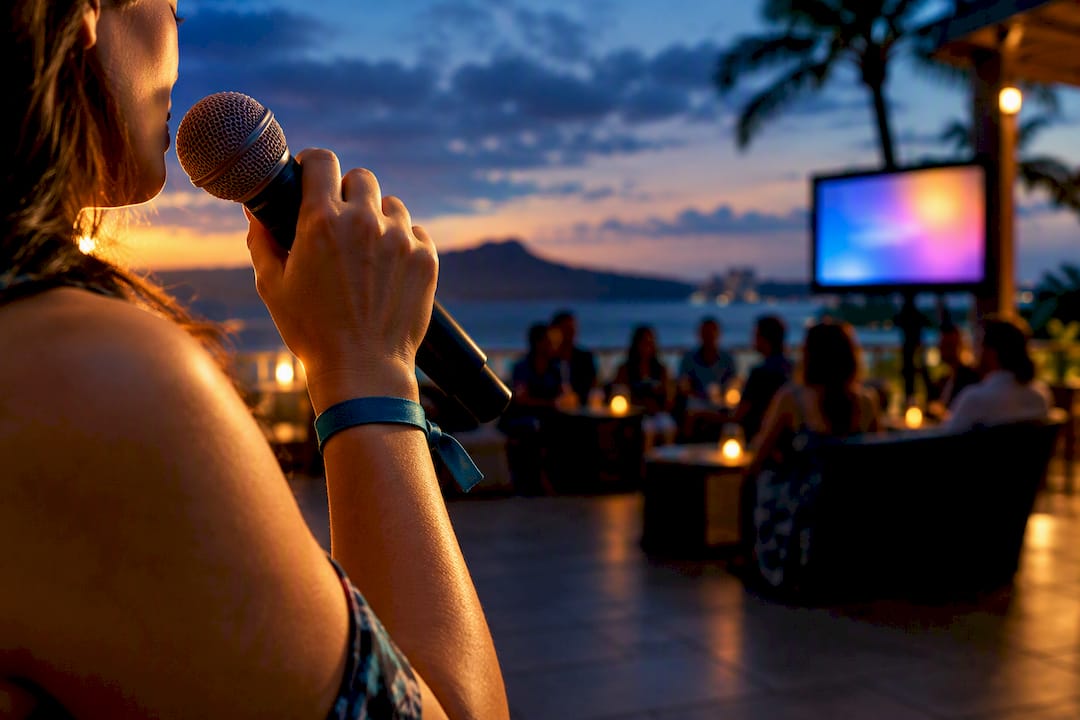 Singer performing karaoke at an evening event