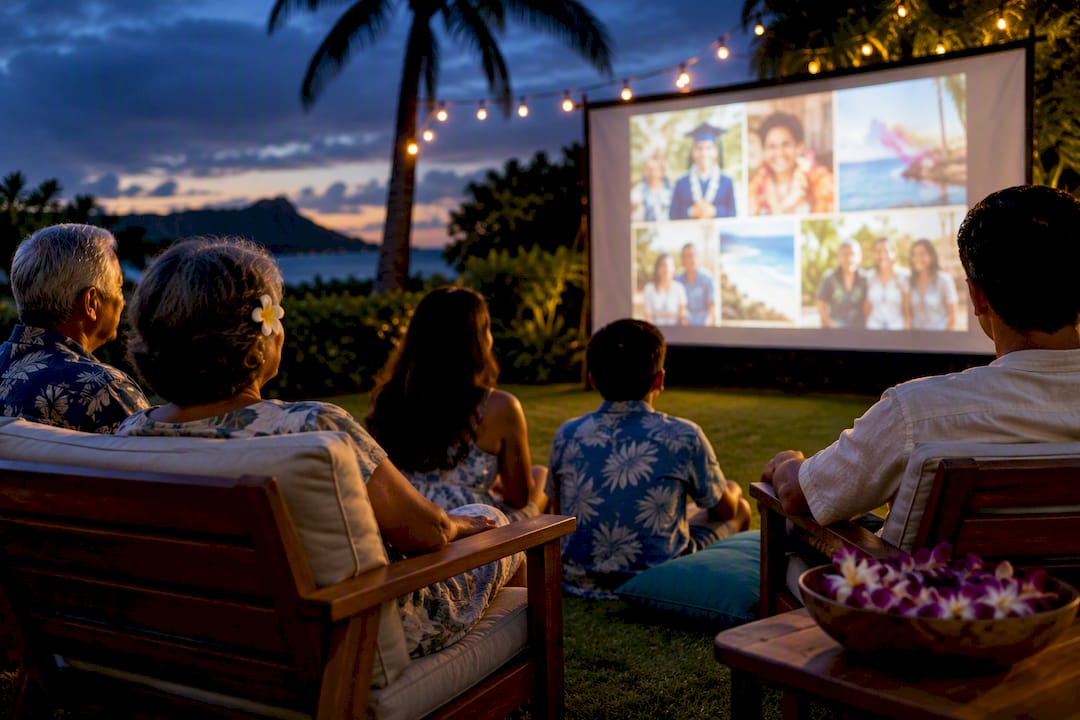 Family watching a graduation slideshow outdoors