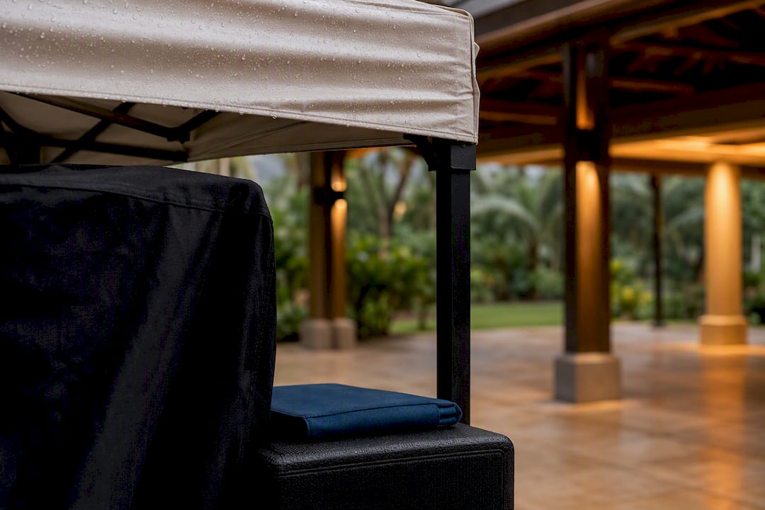 Covered event equipment prepared for light rain