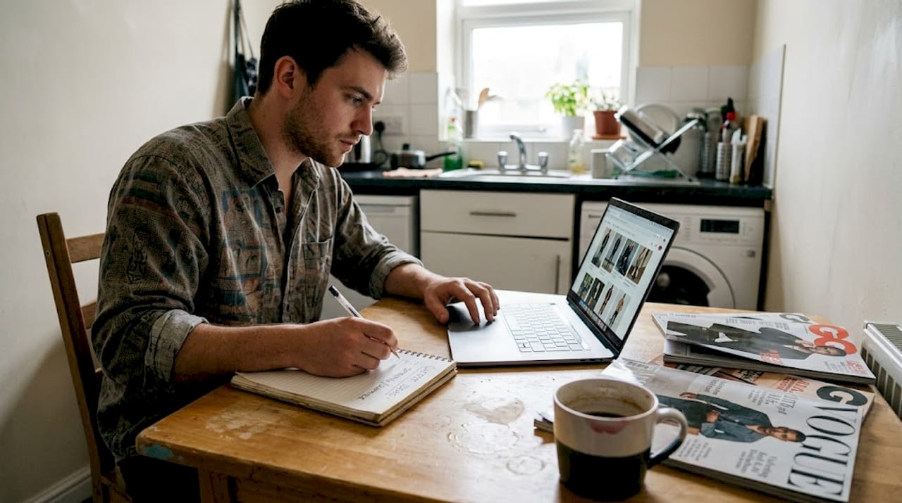 Man planning personal style wardrobe at home