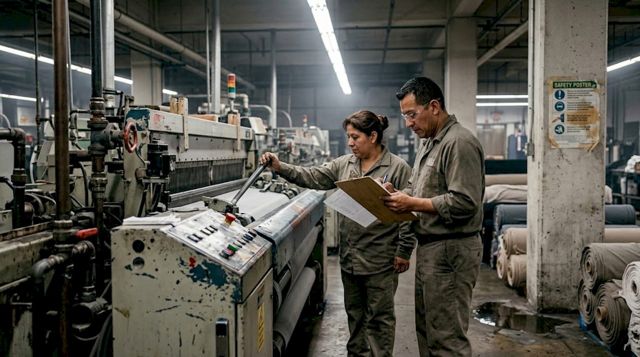 Workers monitoring textile dyeing machinery process