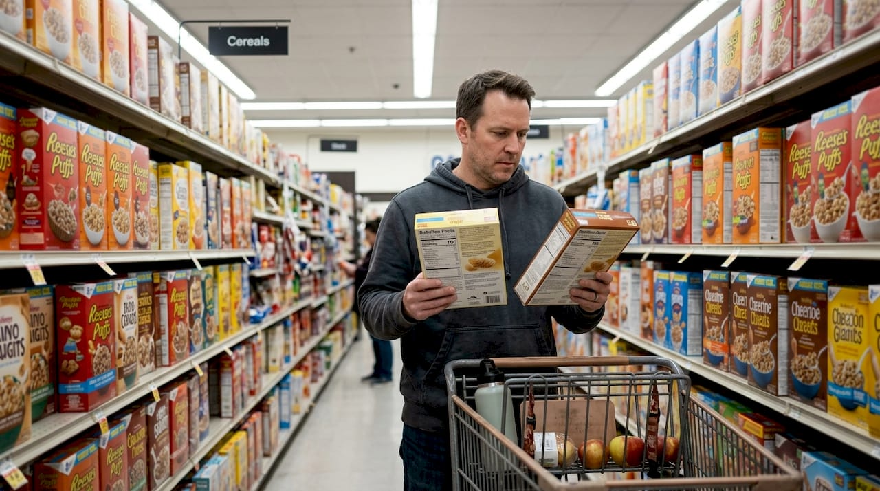 Man compares brands in grocery aisle