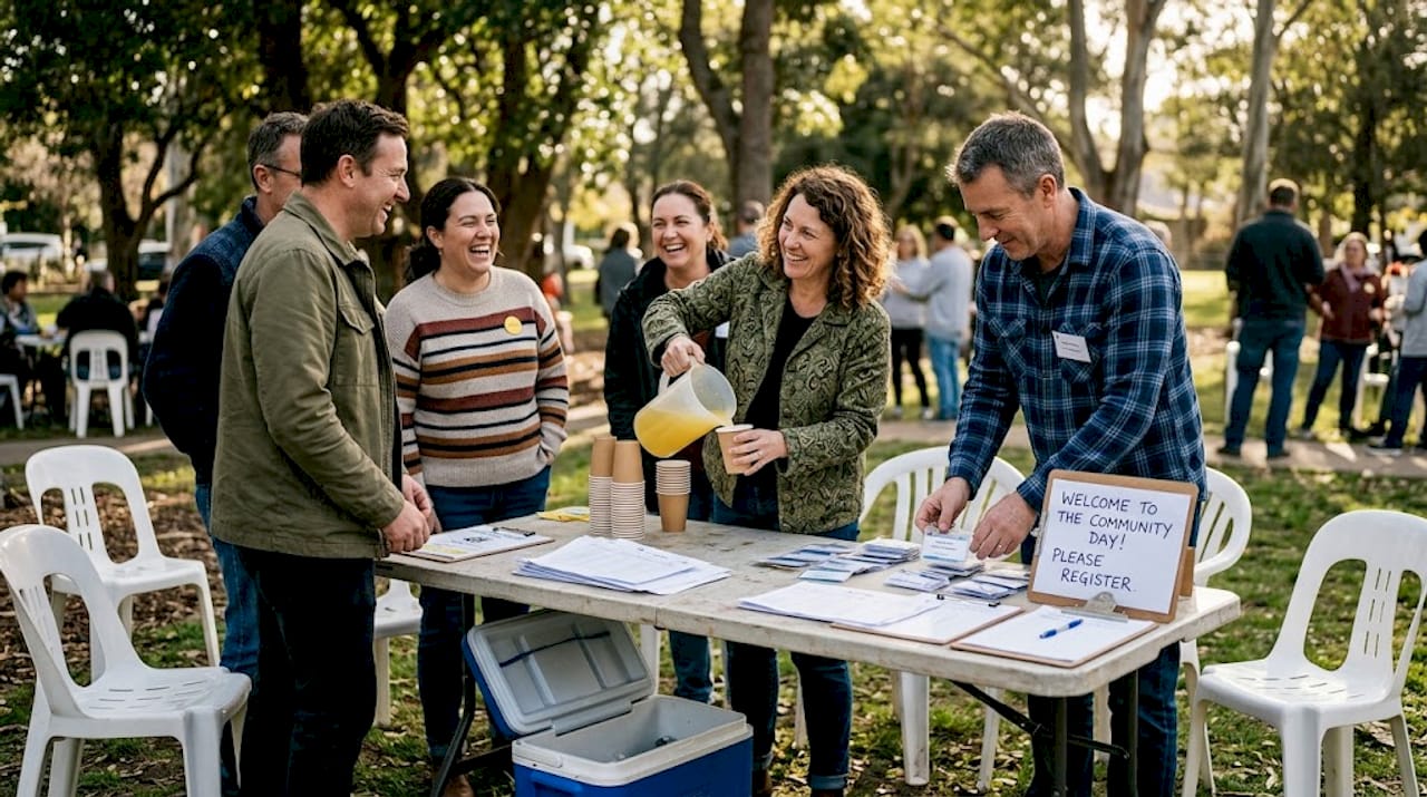 Group chatting at a park during community event