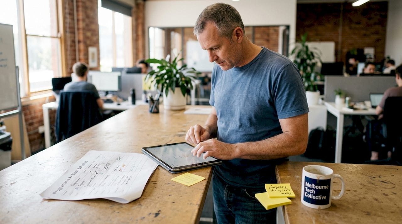 Man setting up event calendar workspace