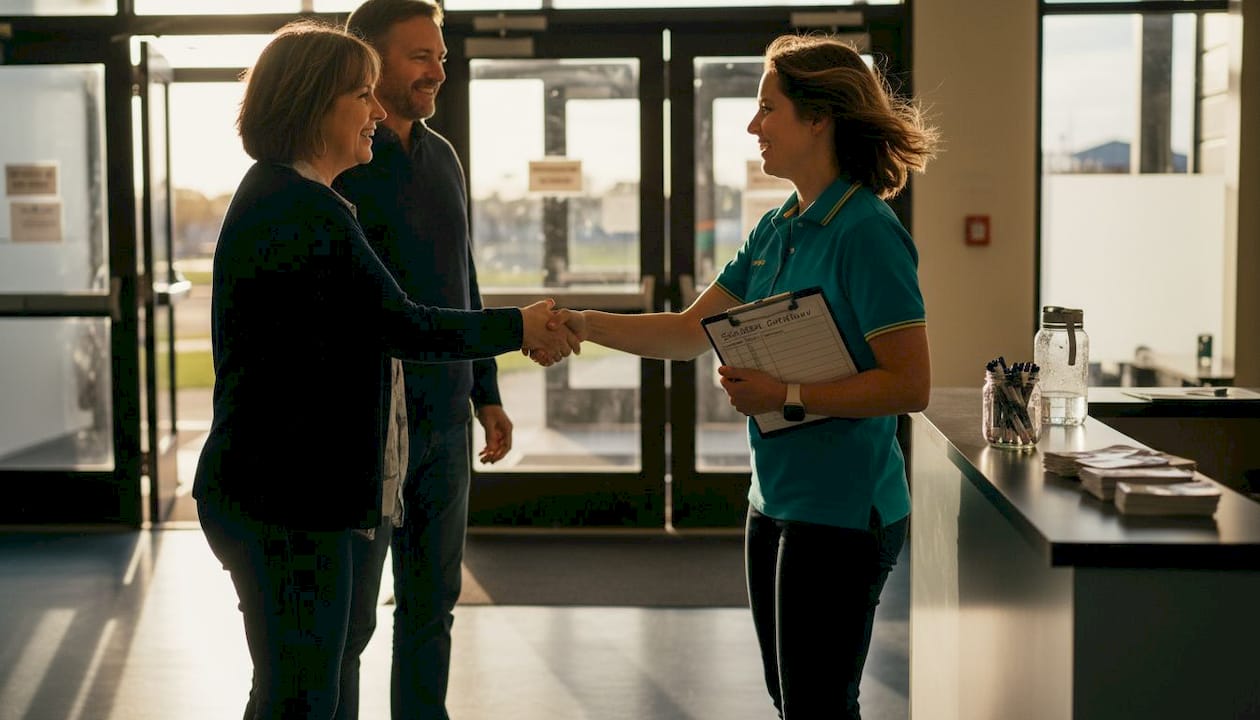 Event host greeting attendees at community center