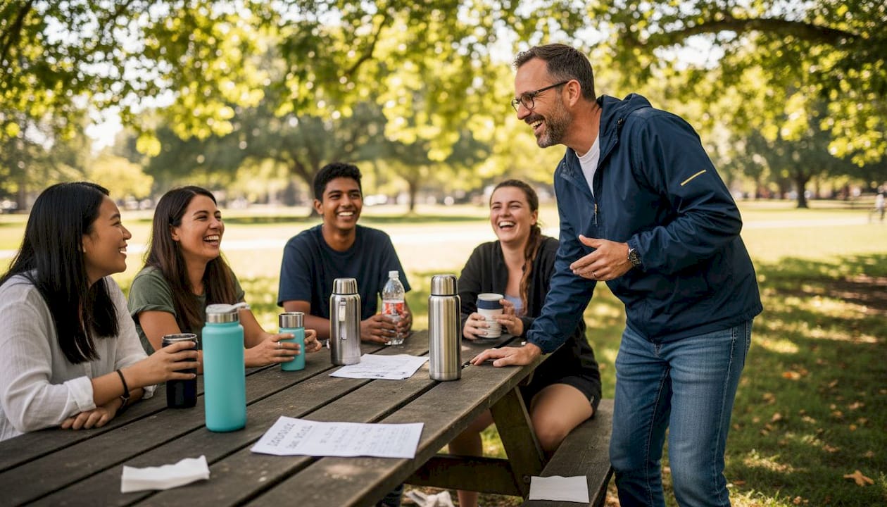 Event host leading casual outdoor group chat