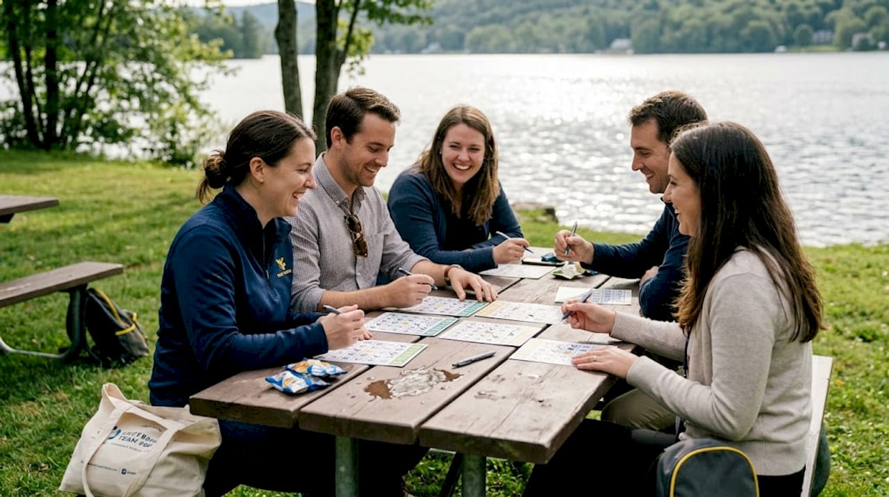 Group playing networking bingo at lakeside event
