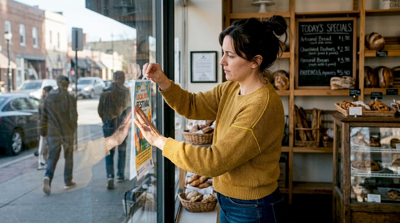 Woman posting event flyer at local bakery