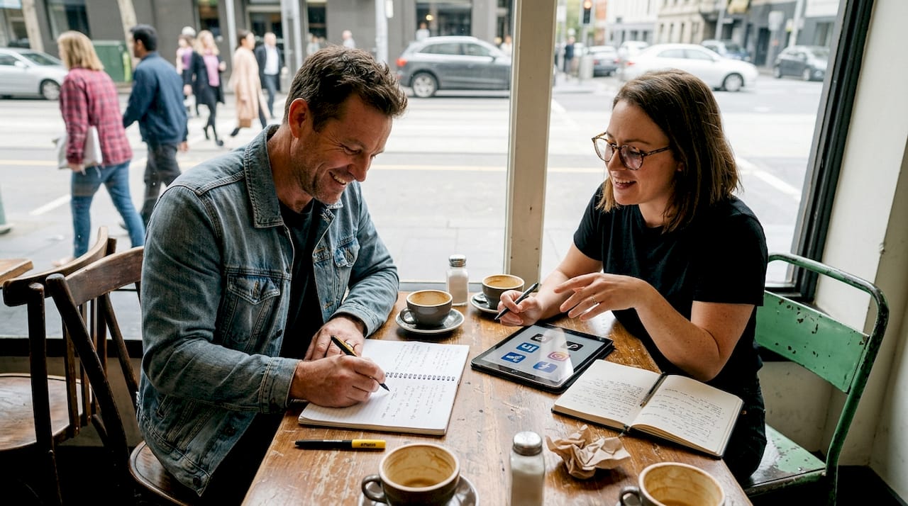 Local business owners planning event promotion