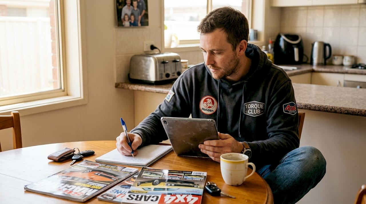 Automotive fan viewing events on tablet at kitchen table