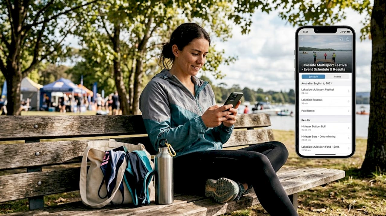 Woman using app for water sports events outdoors
