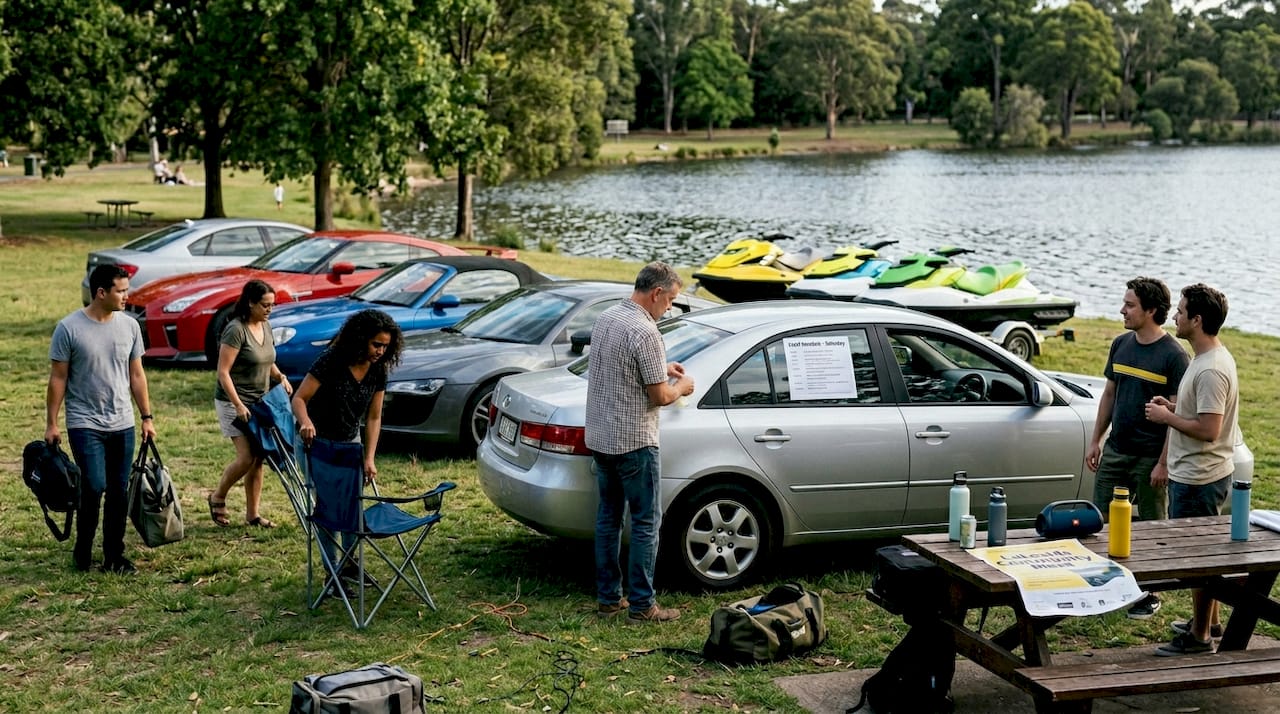 Participants arranging chairs at lake car and jet ski meet