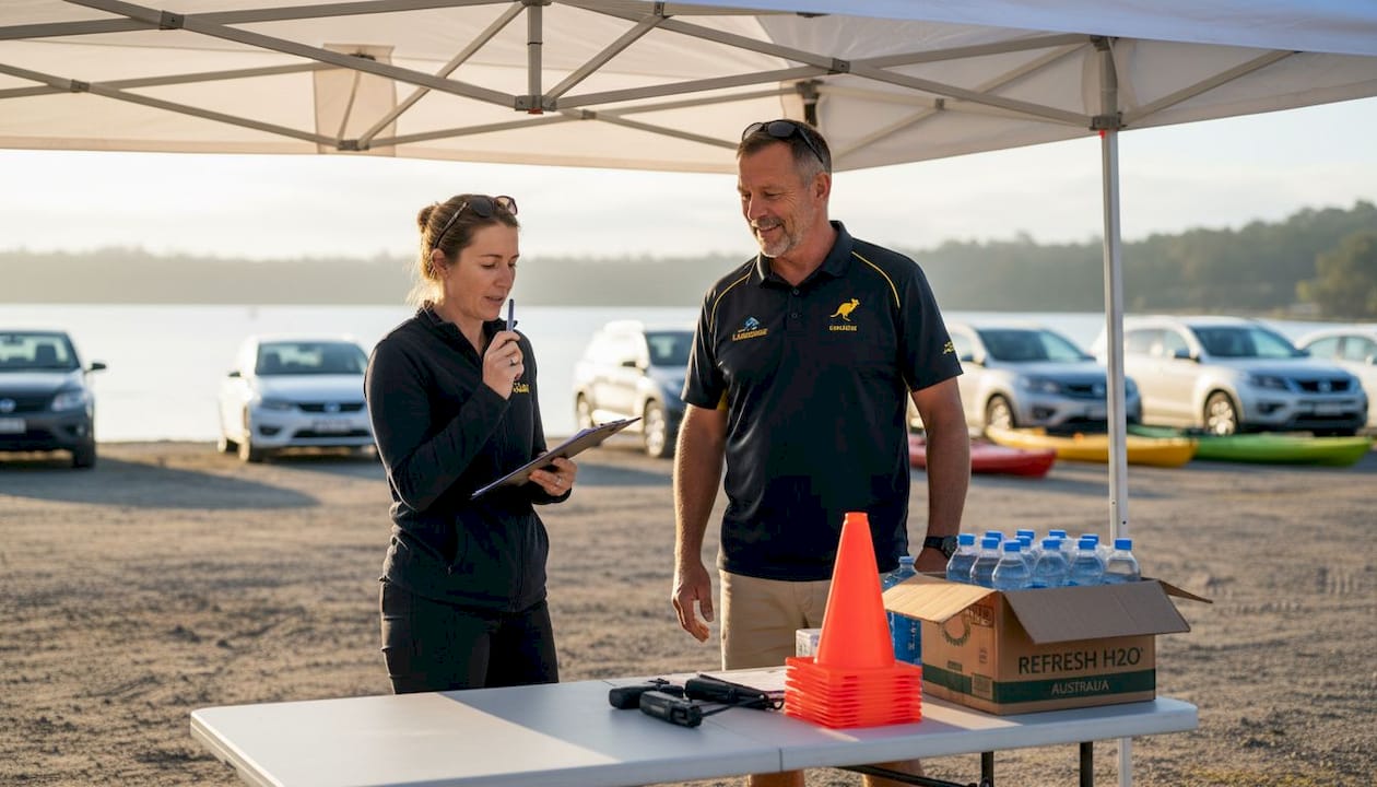Event planner organizing supplies near cars and water