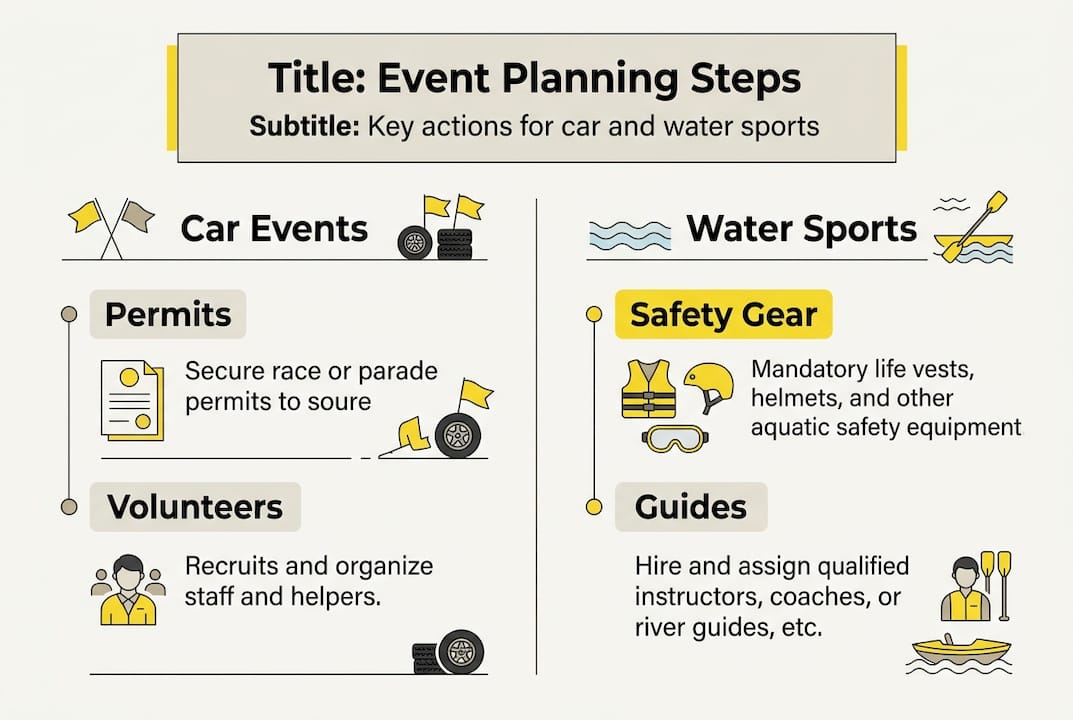 Infographic showing steps for car and water sports events
