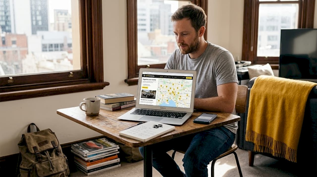 Man browsing local event search platform at home