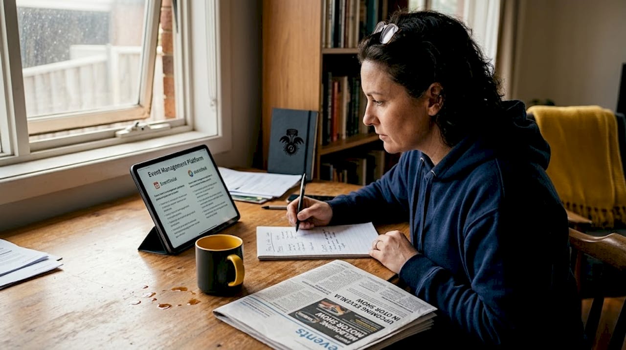 Woman reviewing event platforms at kitchen table