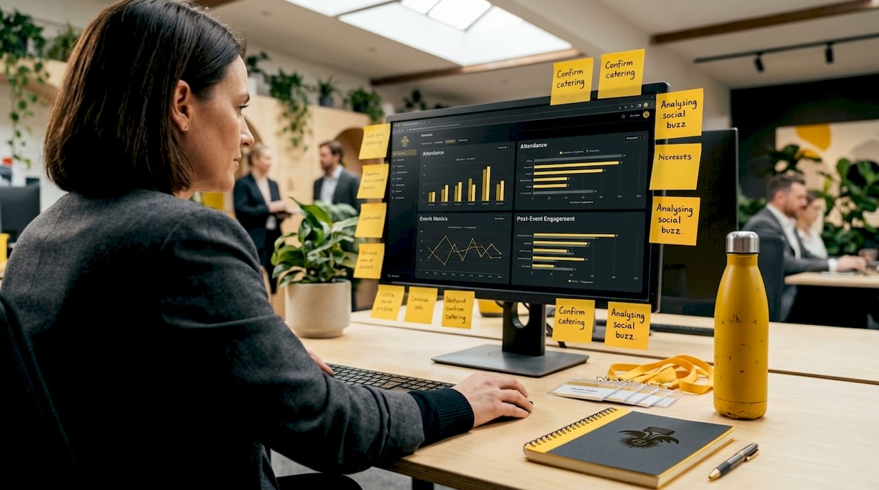 Woman reviewing event performance charts on computer