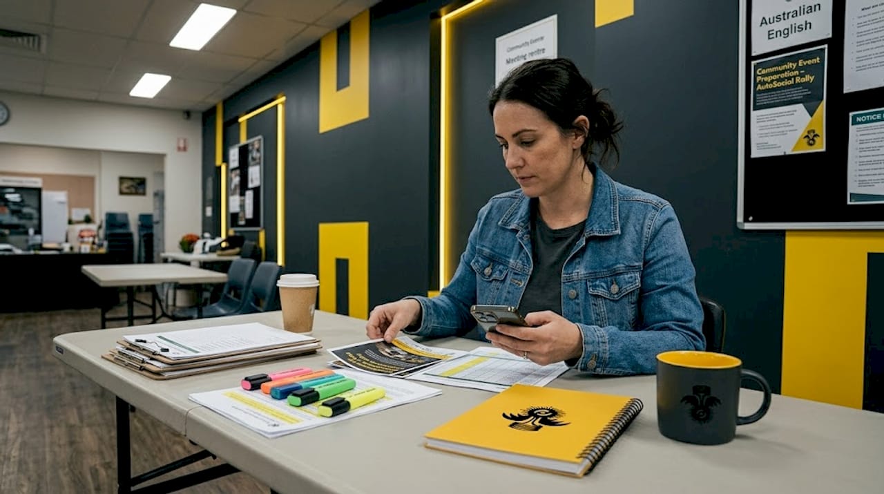 Person preparing event flyers at community table