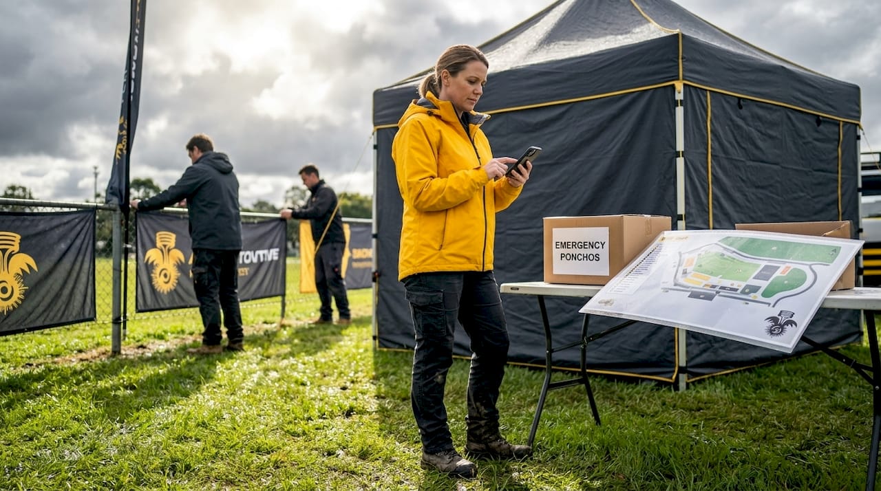 Manager checks weather at outdoor event site
