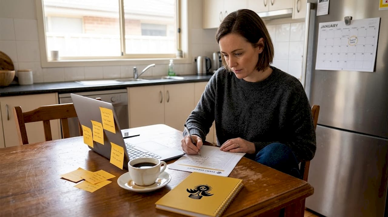 Woman planning car event with checklist at kitchen table
