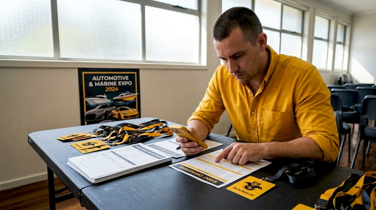 Event organiser checks schedule at meeting table