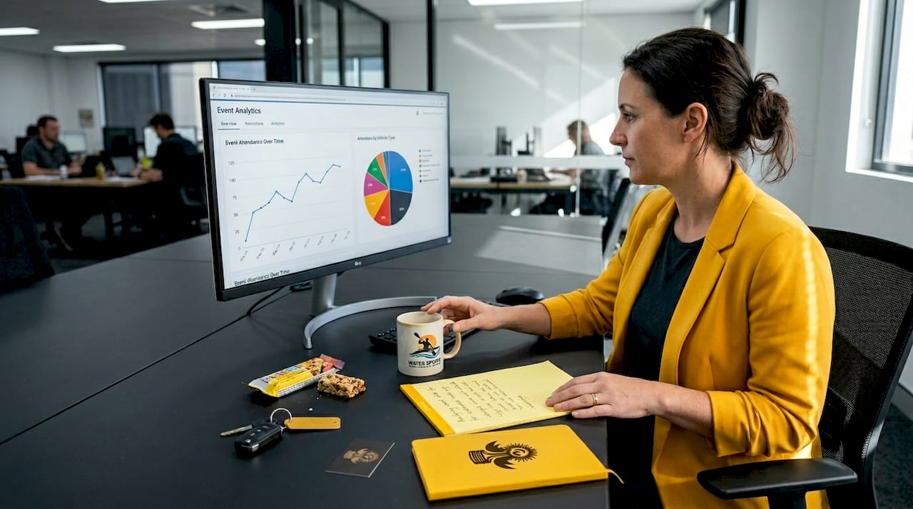 Woman reviews automotive event analytics in office