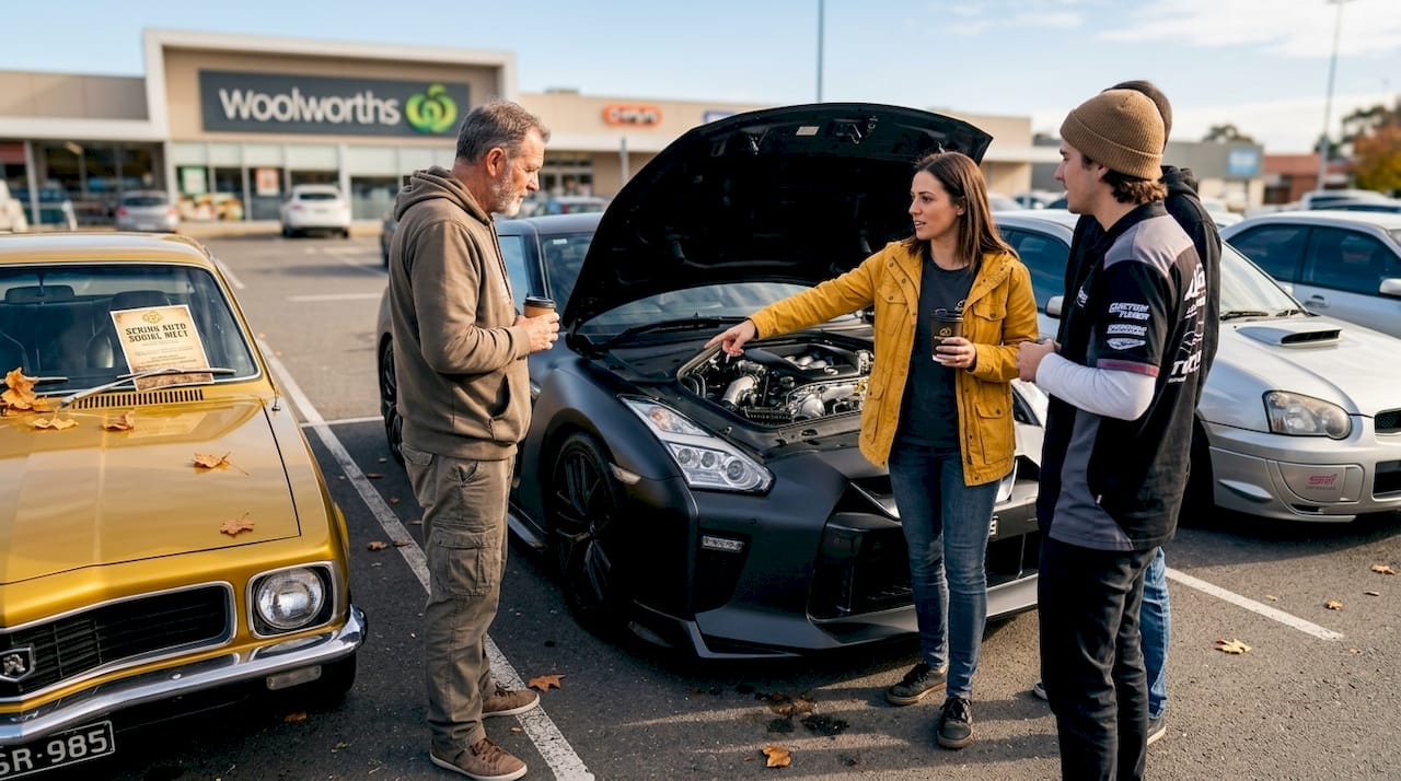 Enthusiasts chatting at community car meet